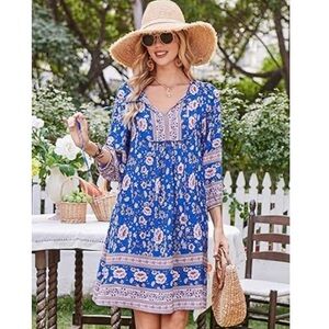 NWT Bluetime Summer Dress Boho V Neck 3/4 Sleeve Babydoll Floral Viscose Sz XL